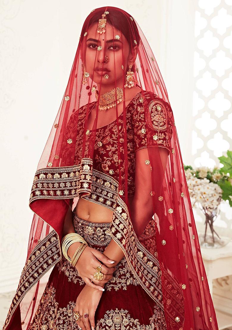 Red Embroidered Velvet Lehenga Set