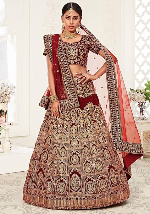 Red Embroidered Velvet Lehenga Set
