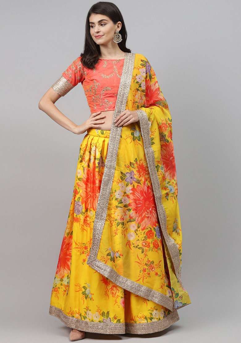 Yellow Poly Blend Lehenga Set with Embroidered for Diwali | Wedding & Festive Wear - Indya