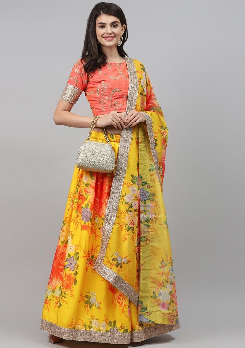 Yellow Embroidered Poly Blend Lehenga Set