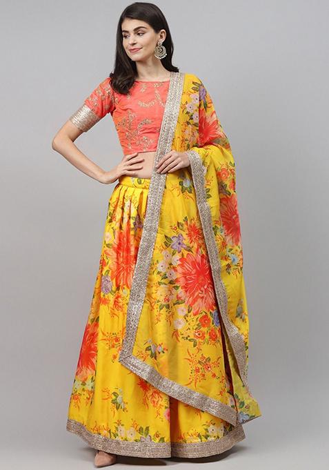 Yellow Embroidered Poly Blend Lehenga Set