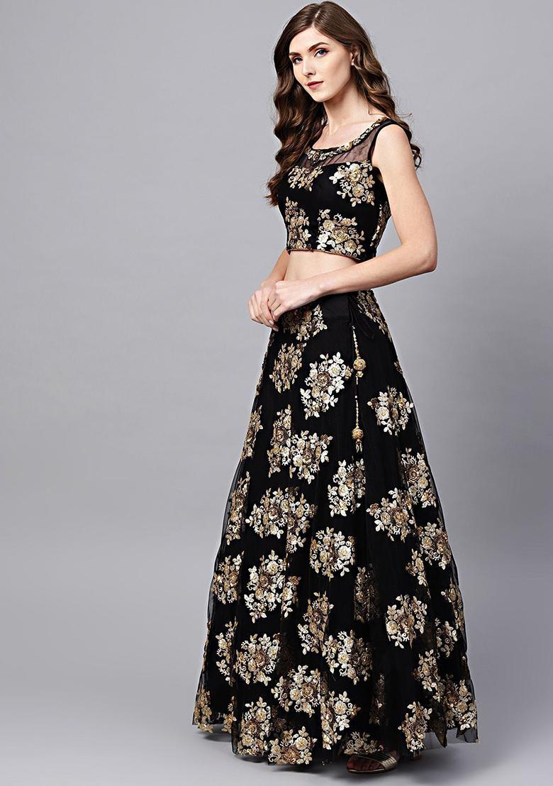 Black Floral Print Net Lehenga Set