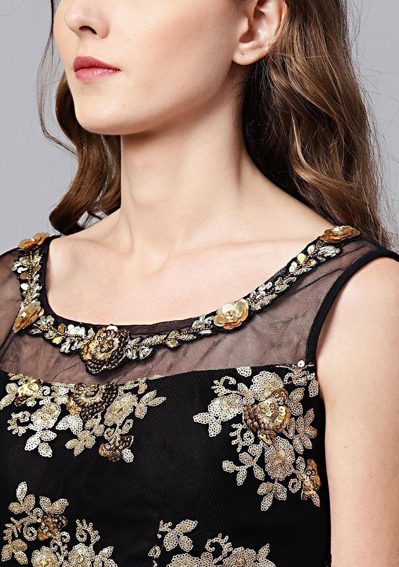 Black Floral Print Net Lehenga Set