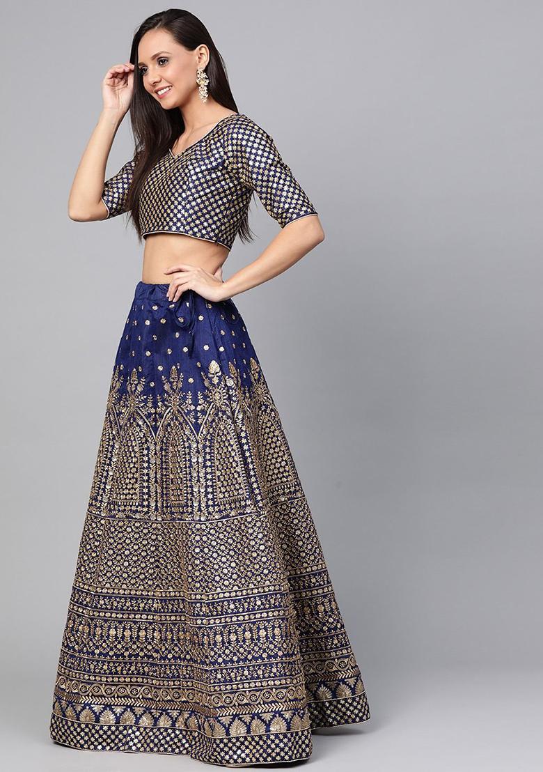 Navy Blue Embroidered Poly Blend Lehenga Set