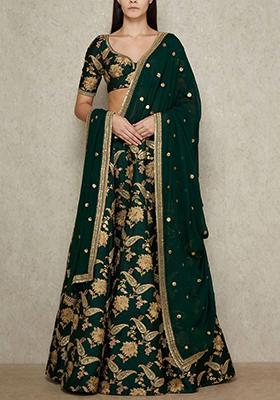 Green Embroidered Silk Lehenga Set