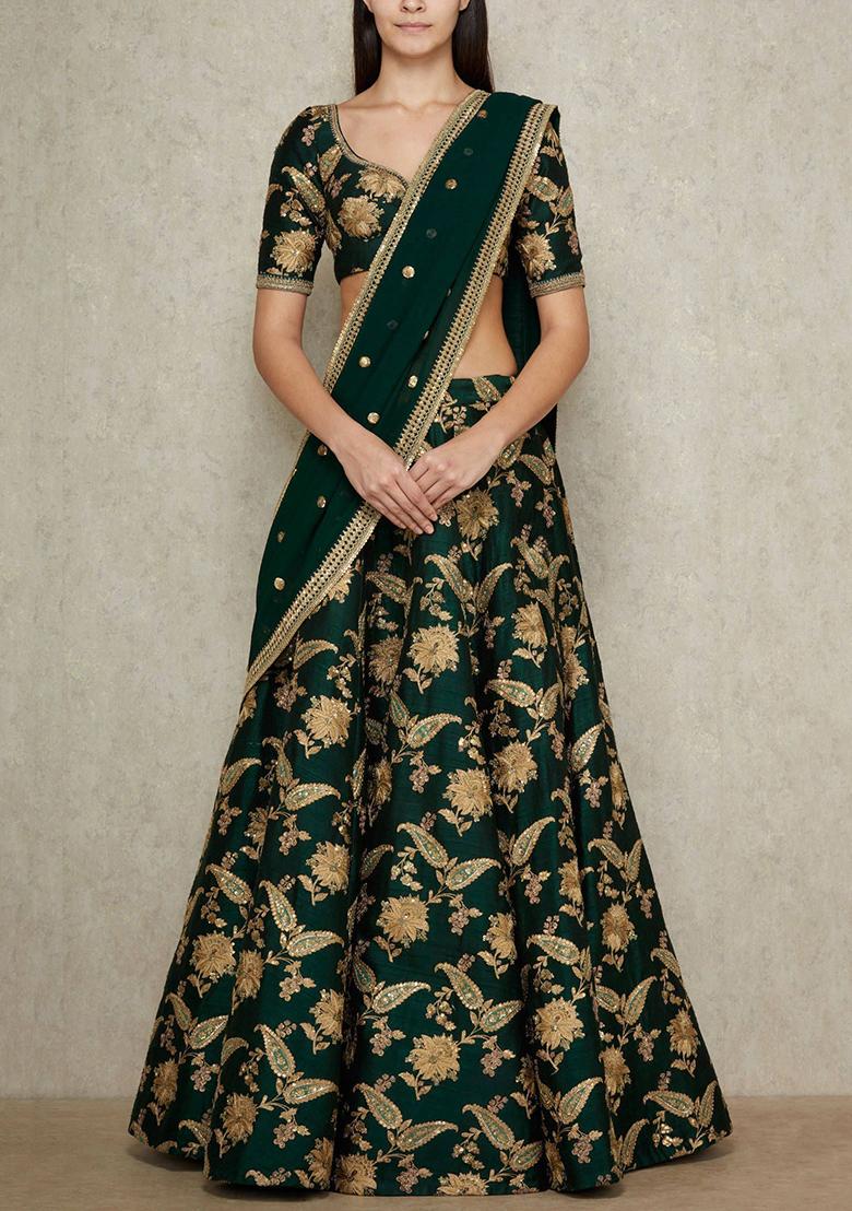 Green Embroidered Silk Lehenga Set