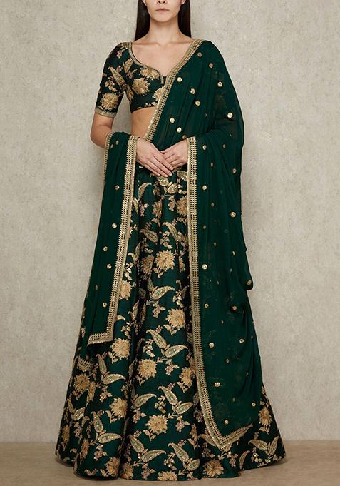 Green Embroidered Silk Lehenga Set