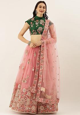 Pink Embroidered Poly Blend Lehenga Set