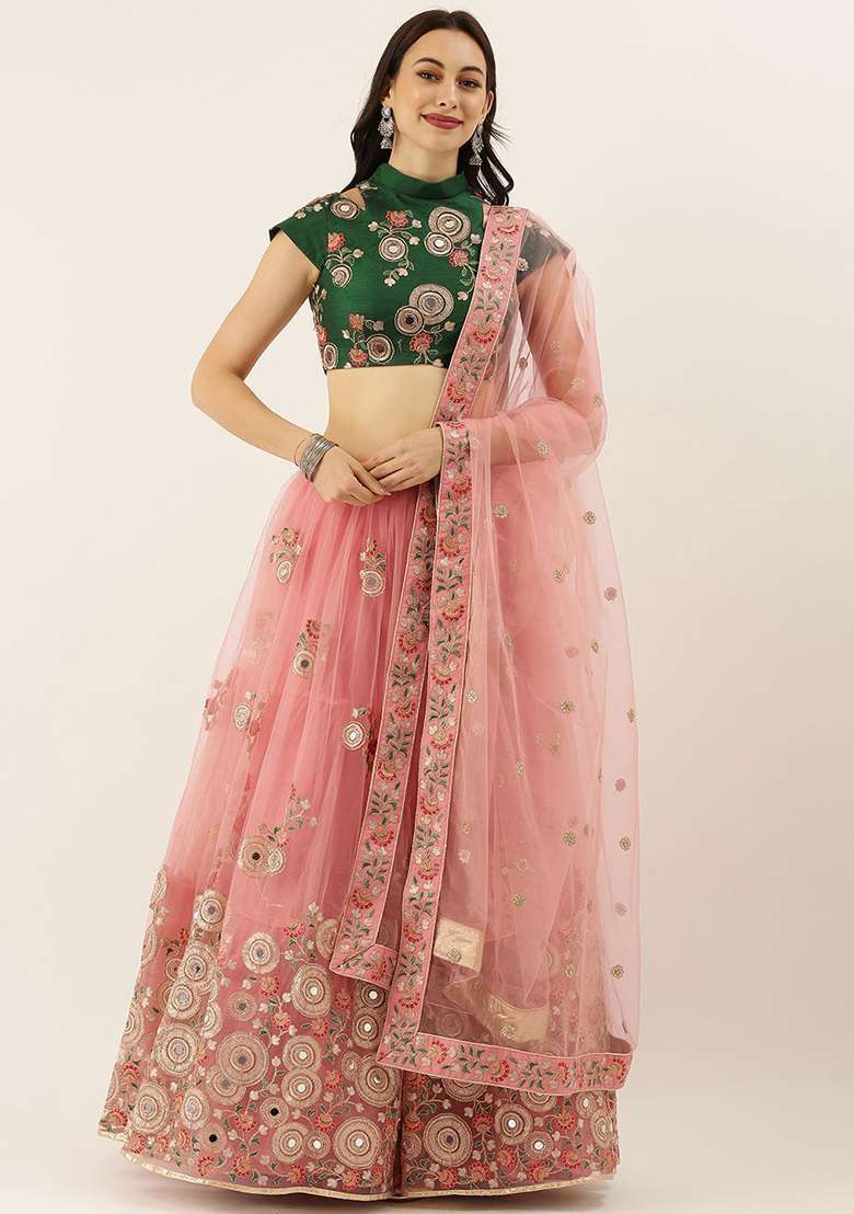 Pink Poly Blend Lehenga Set with Embroidered for Diwali | Wedding & Festive Wear - Indya