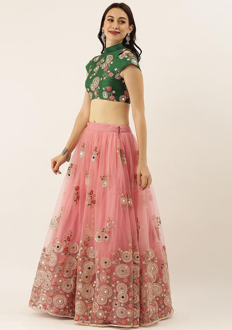 Pink Embroidered Poly Blend Lehenga Set