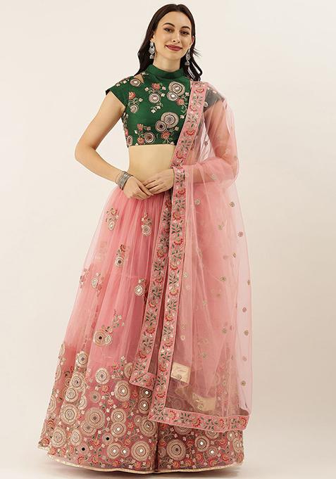 Pink Embroidered Poly Blend Lehenga Set