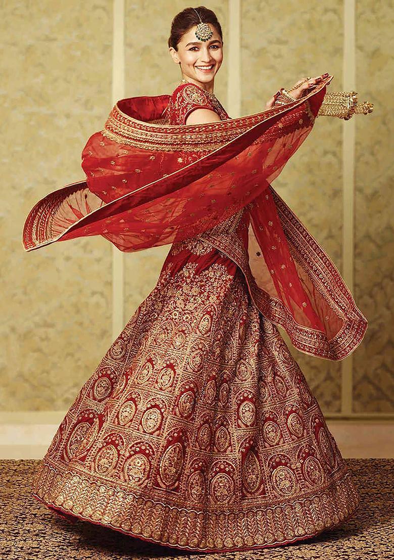 Red Embroidered Velvet Lehenga Set