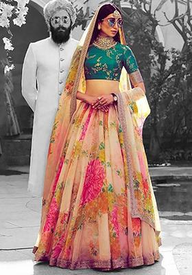 Off White Digital Print Organza Lehenga Set