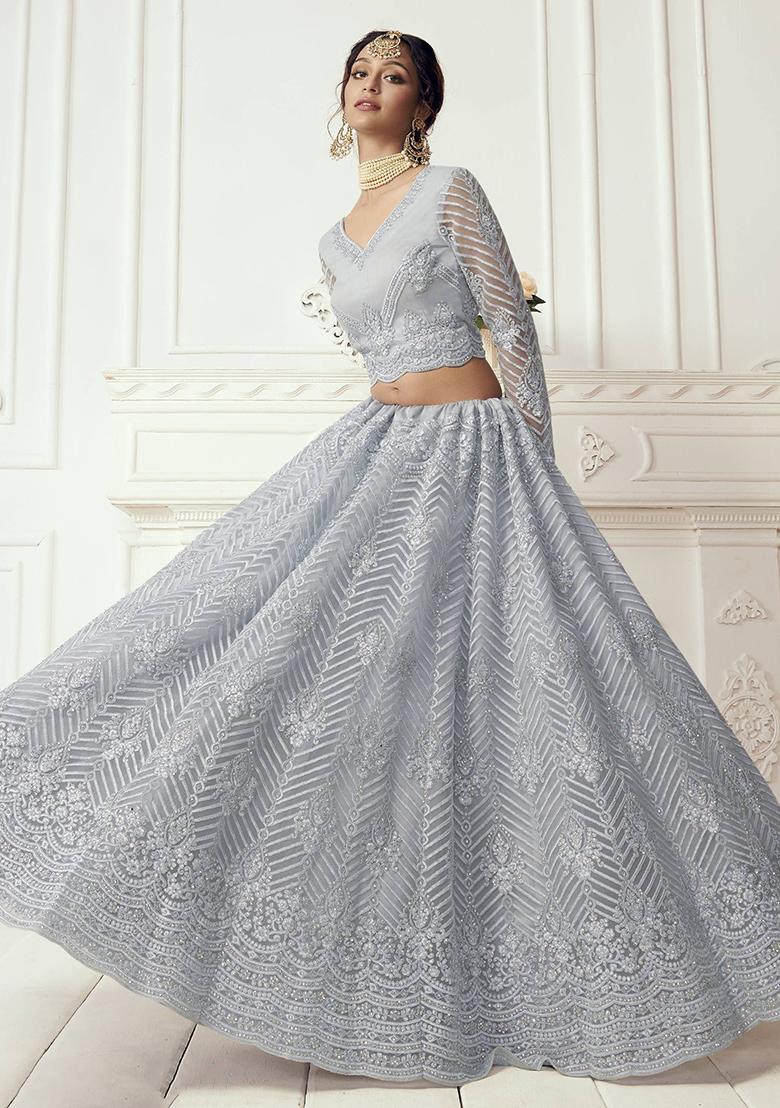 Purple Embroidered Net Lehenga Set