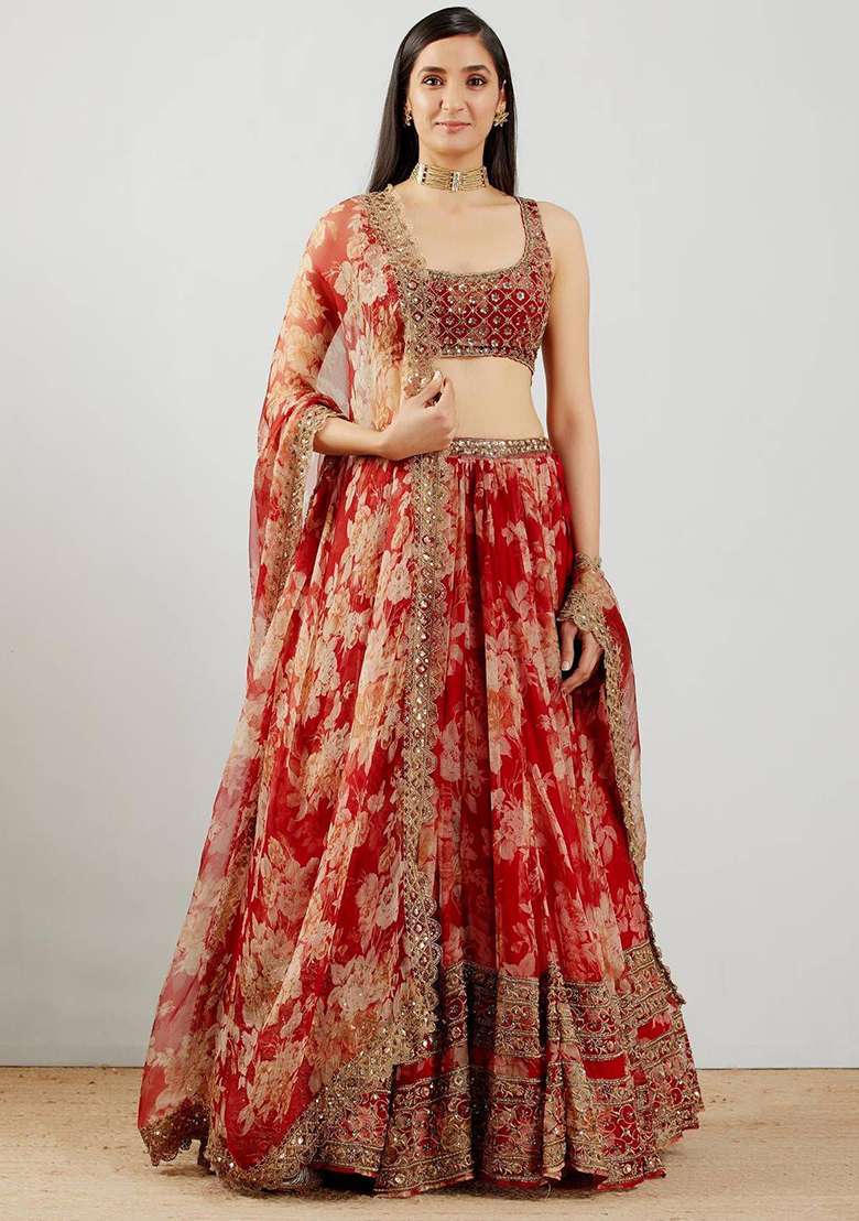 Red Floral Print Organza Lehenga Set for Diwali and Festive Wear - Indya