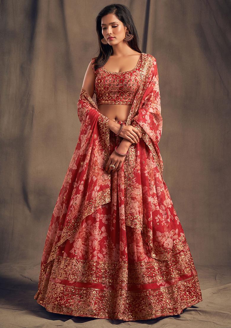 Red Floral Print Organza Lehenga Set