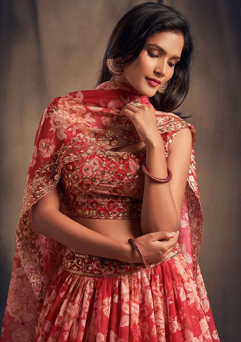 Red Floral Print Organza Lehenga Set for Diwali and Festive Wear - Indya