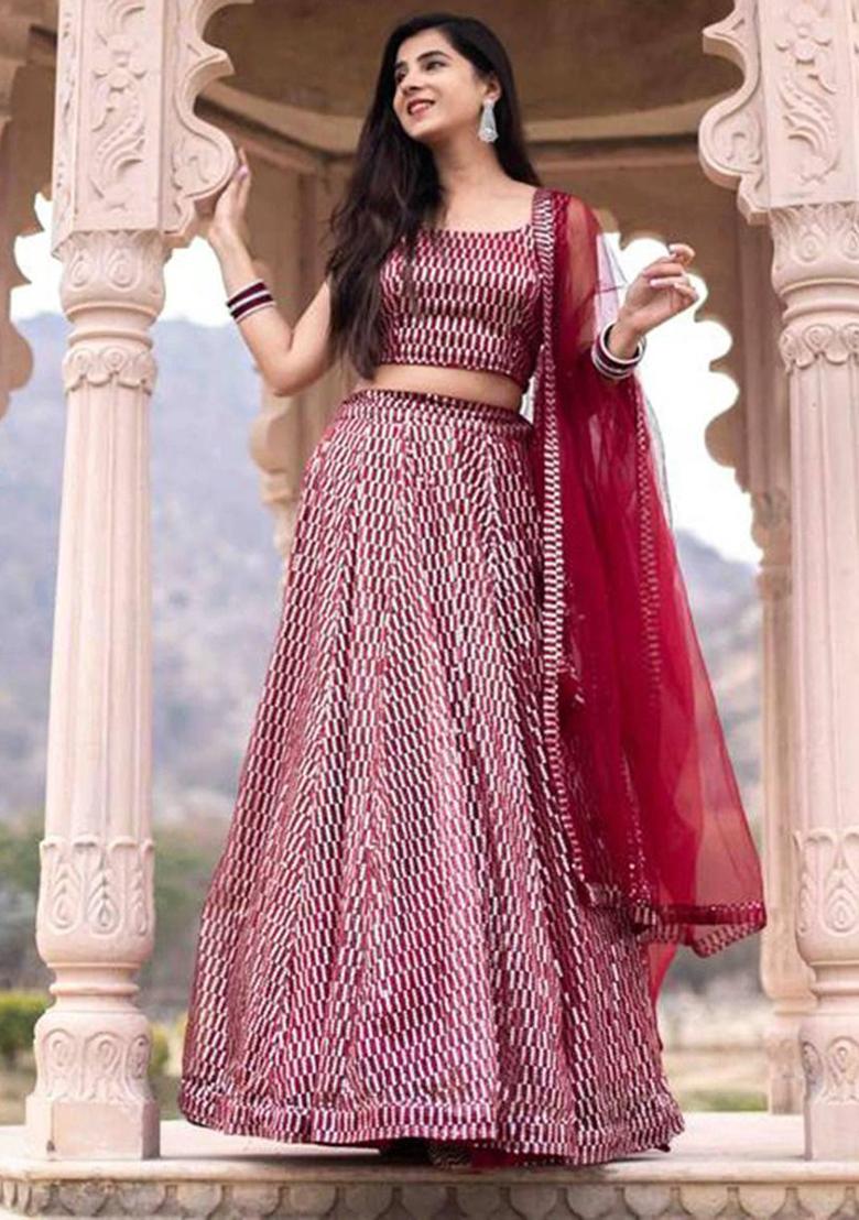 Pink Sequin Embroidered Net Lehenga Set