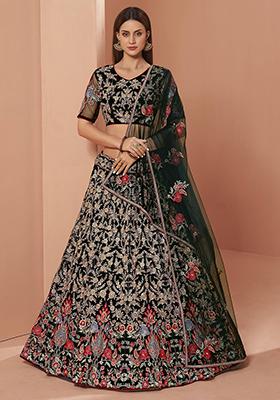 Green Floral Print Net Lehenga Set