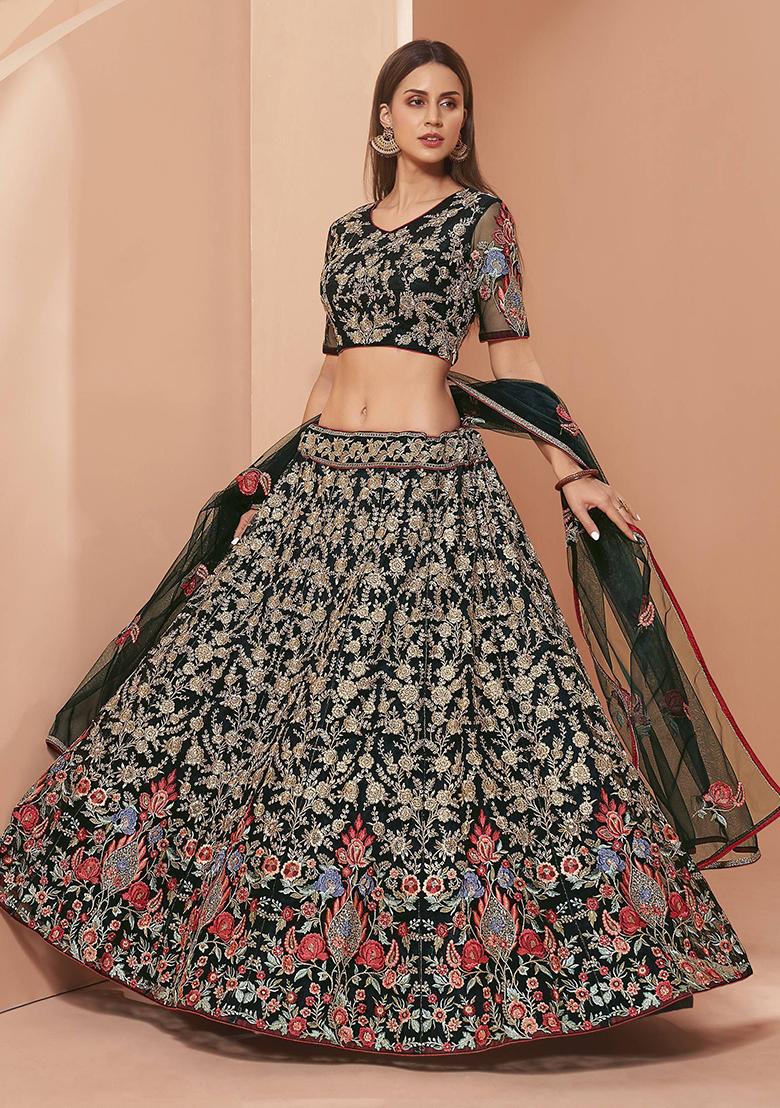 Green Floral Print Net Lehenga Set