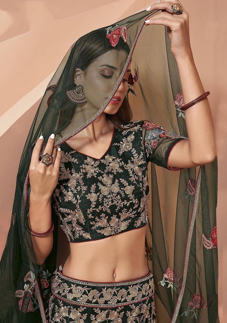 Green Floral Print Net Lehenga Set