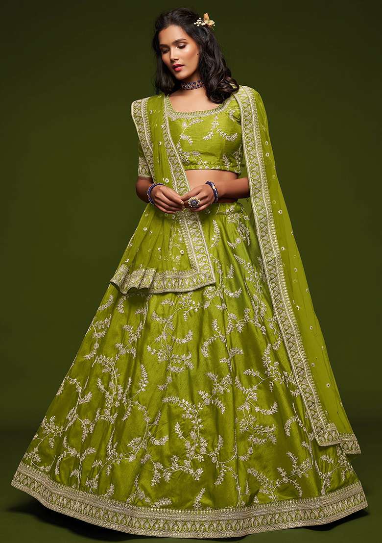 Green Blend Art Silk Lehenga Set with Embroidered for Diwali | Wedding & Festive Wear - Indya