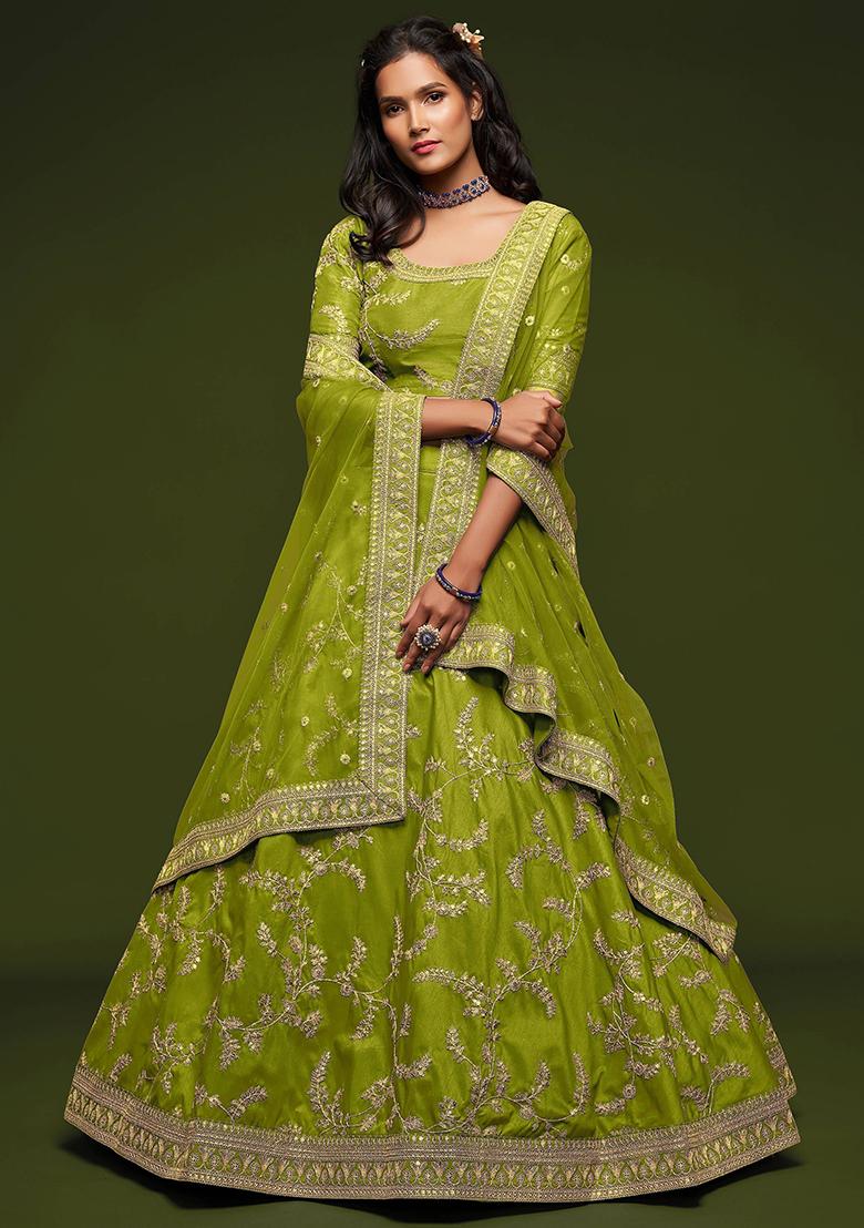 Green Embroidered Art Silk Lehenga Set