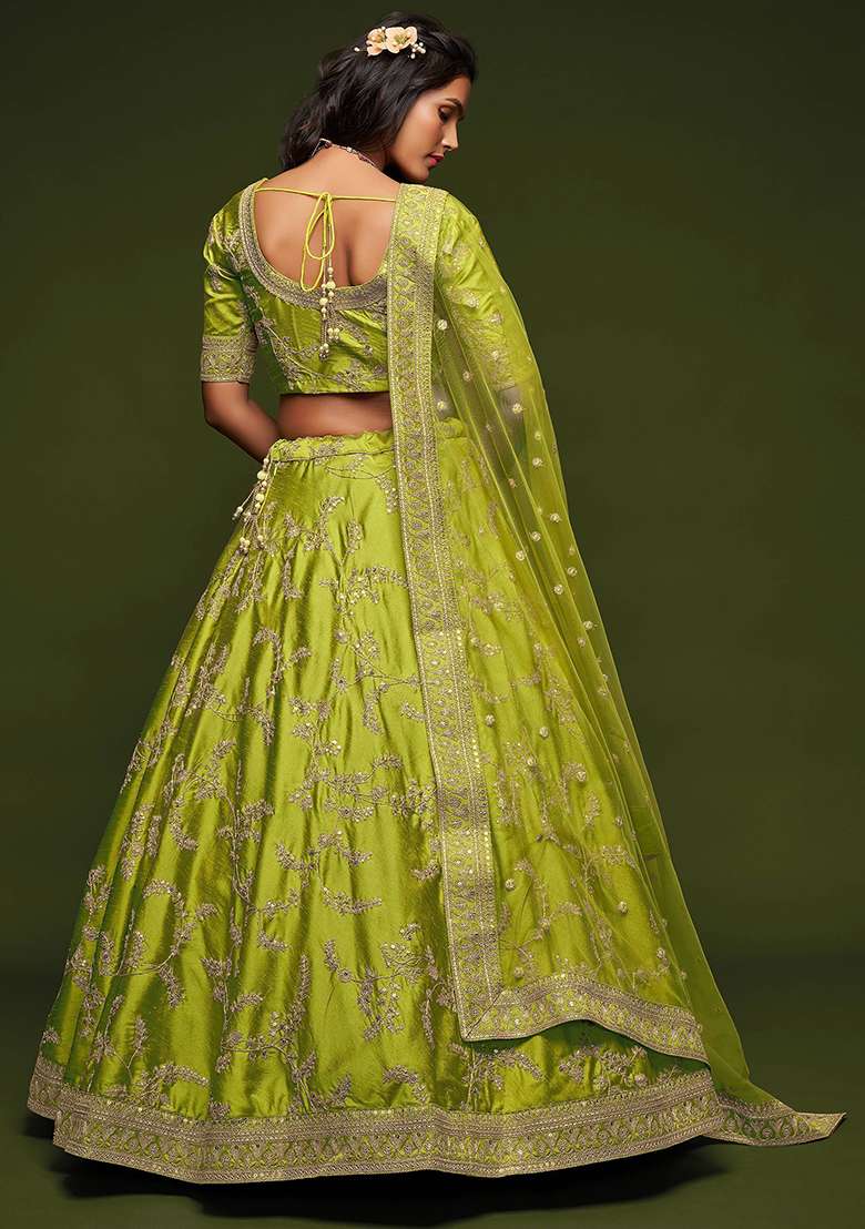 Green Blend Art Silk Lehenga Set with Embroidered for Diwali | Wedding & Festive Wear - Indya