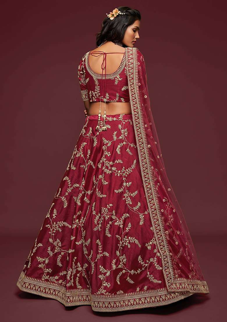 Maroon Blend Art Silk Lehenga Set with Embroidered for Diwali | Wedding & Festive Wear - Indya