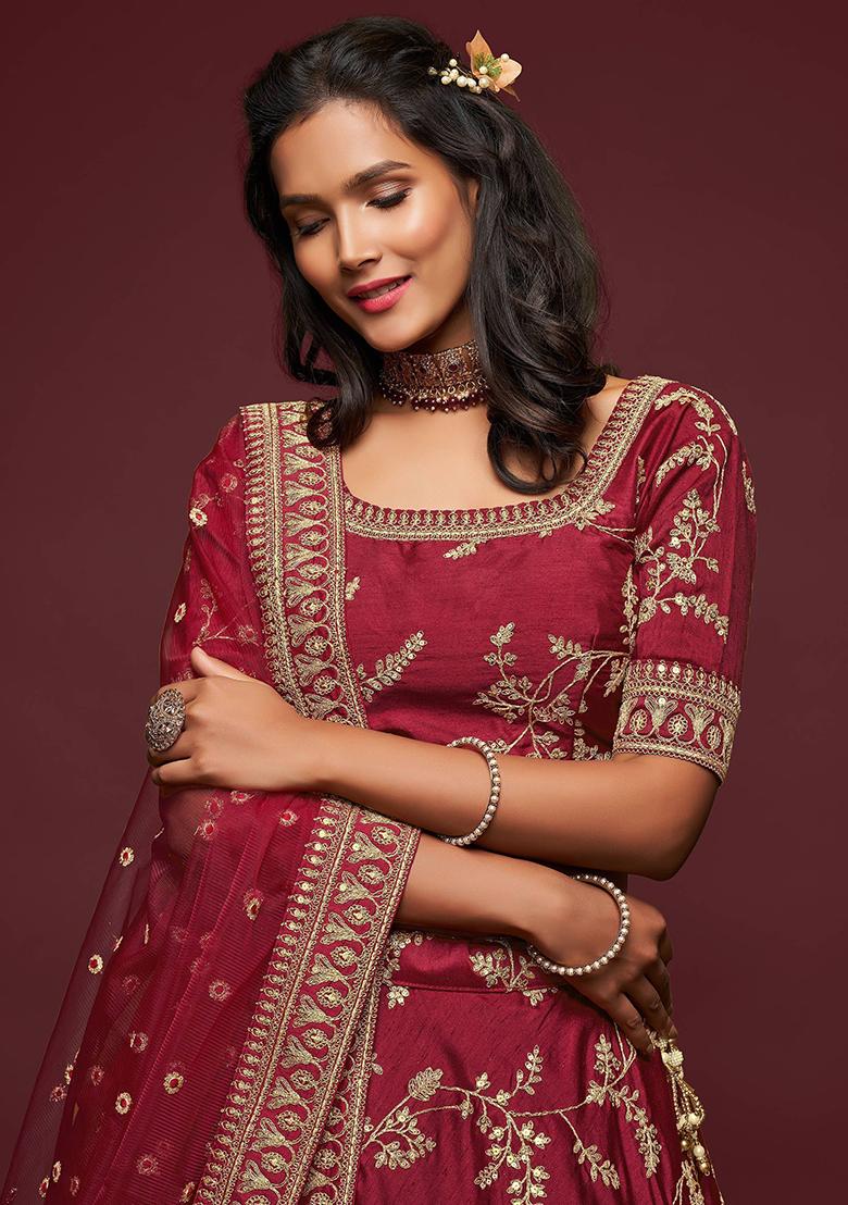 Maroon Embroidered Art Silk Lehenga Set