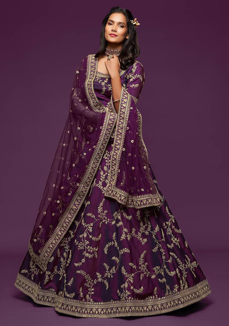 Purple Embroidered Art Silk Lehenga Set
