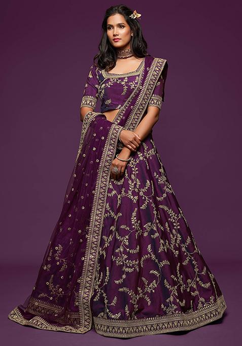 Purple Embroidered Art Silk Lehenga Set