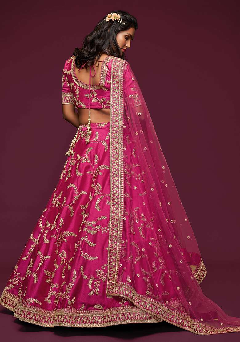 Pink Embroidered Art Silk Blend Lehenga Set for Diwali and Festive Wear - Indya