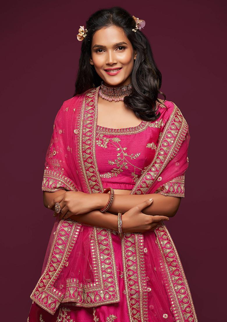 Pink Embroidered Art Silk Lehenga Set