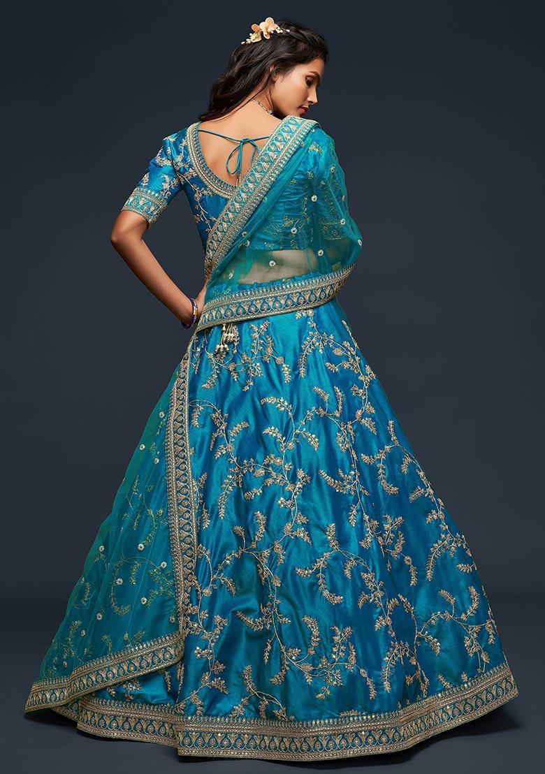 Blue Embroidered Art Silk Lehenga Set