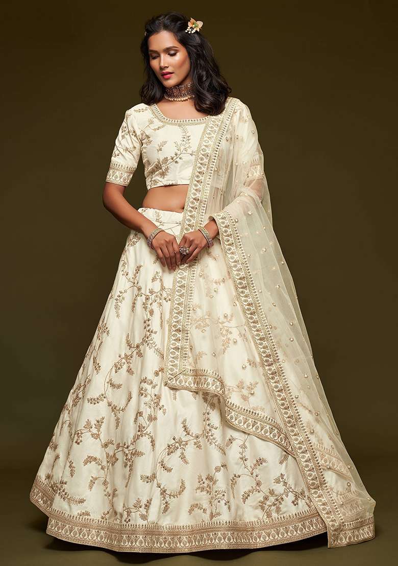 White Blend Art Silk Lehenga Set with Embroidered for Diwali | Wedding & Festive Wear - Indya