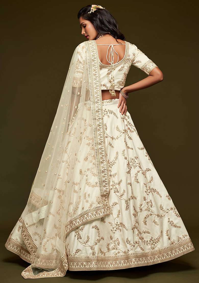 White Blend Art Silk Lehenga Set with Embroidered for Diwali | Wedding & Festive Wear - Indya
