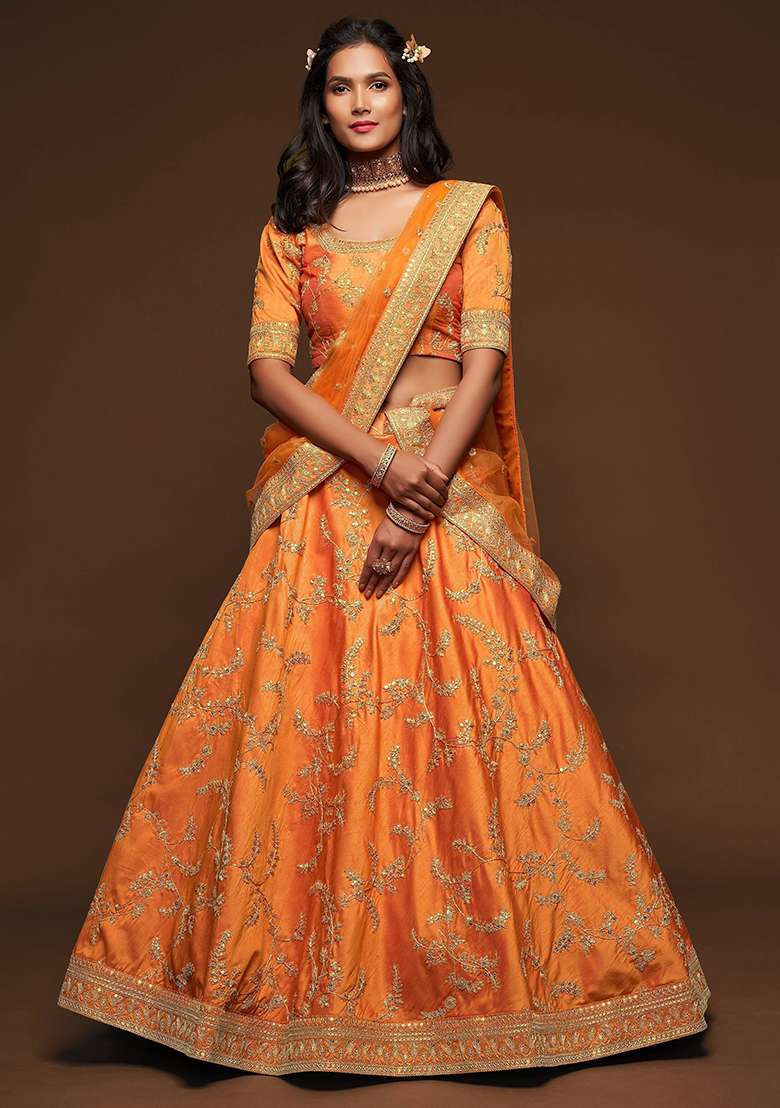 Orange Embroidered Art Silk Blend Lehenga Set for Diwali and Festive Wear - Indya