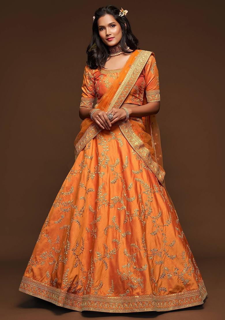 Orange Embroidered Art Silk Lehenga Set