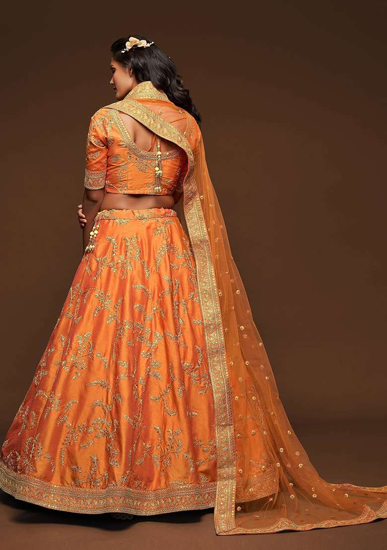 Orange Embroidered Art Silk Blend Lehenga Set for Diwali and Festive Wear - Indya