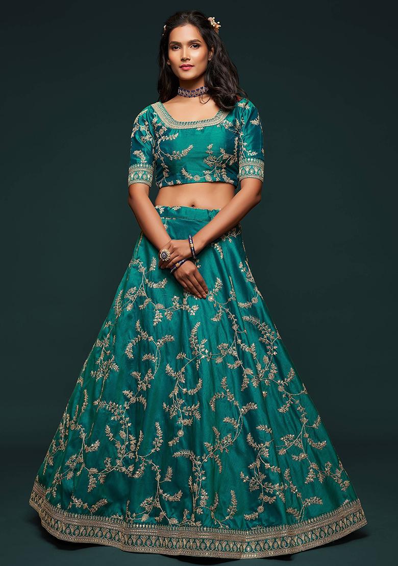 Green Embroidered Art Silk Lehenga Set