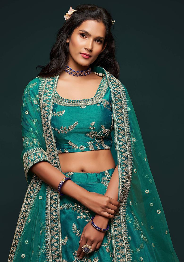 Green Embroidered Art Silk Lehenga Set