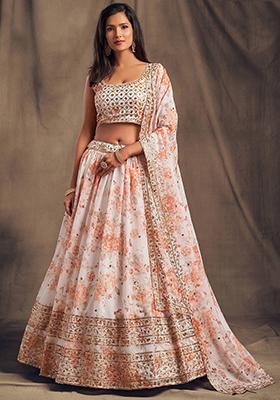White Floral Print Organza Lehenga Set