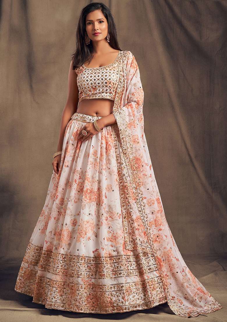 White Floral Print Organza Lehenga Set for Diwali and Festive Wear - Indya