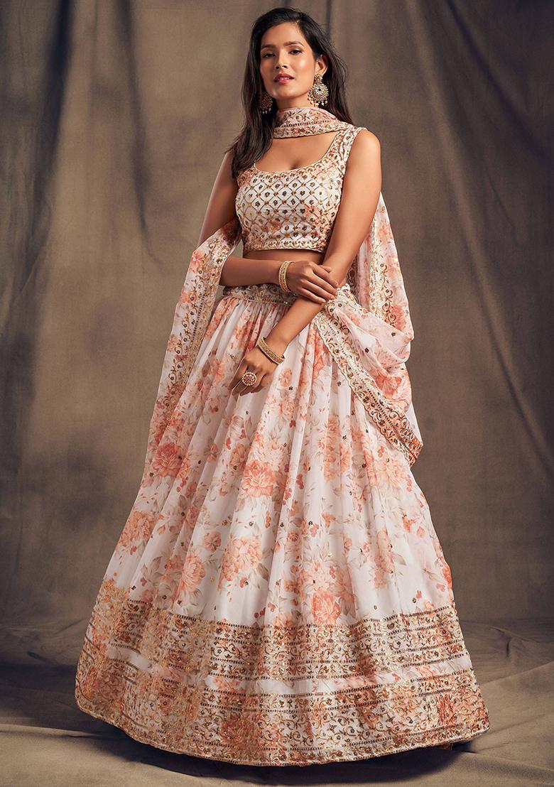 White Floral Print Organza Lehenga Set