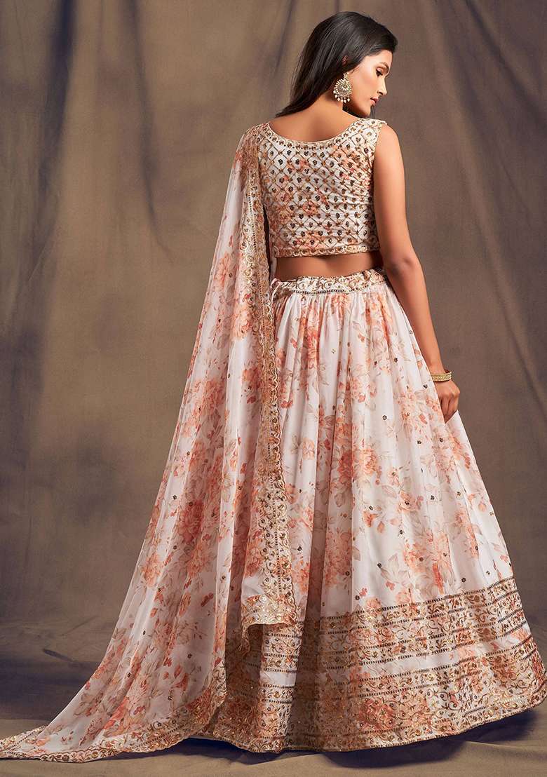 White Floral Print Organza Lehenga Set for Diwali and Festive Wear - Indya