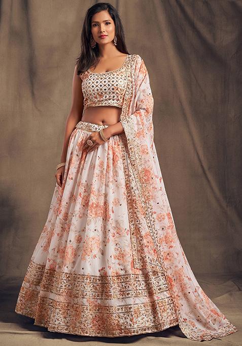 White Floral Print Organza Lehenga Set