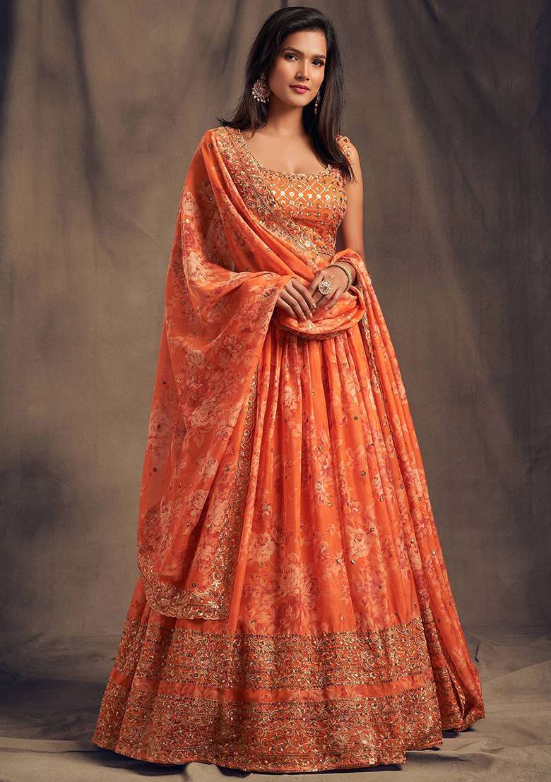 Orange Floral Print Organza Lehenga Set for Diwali and Festive Wear - Indya
