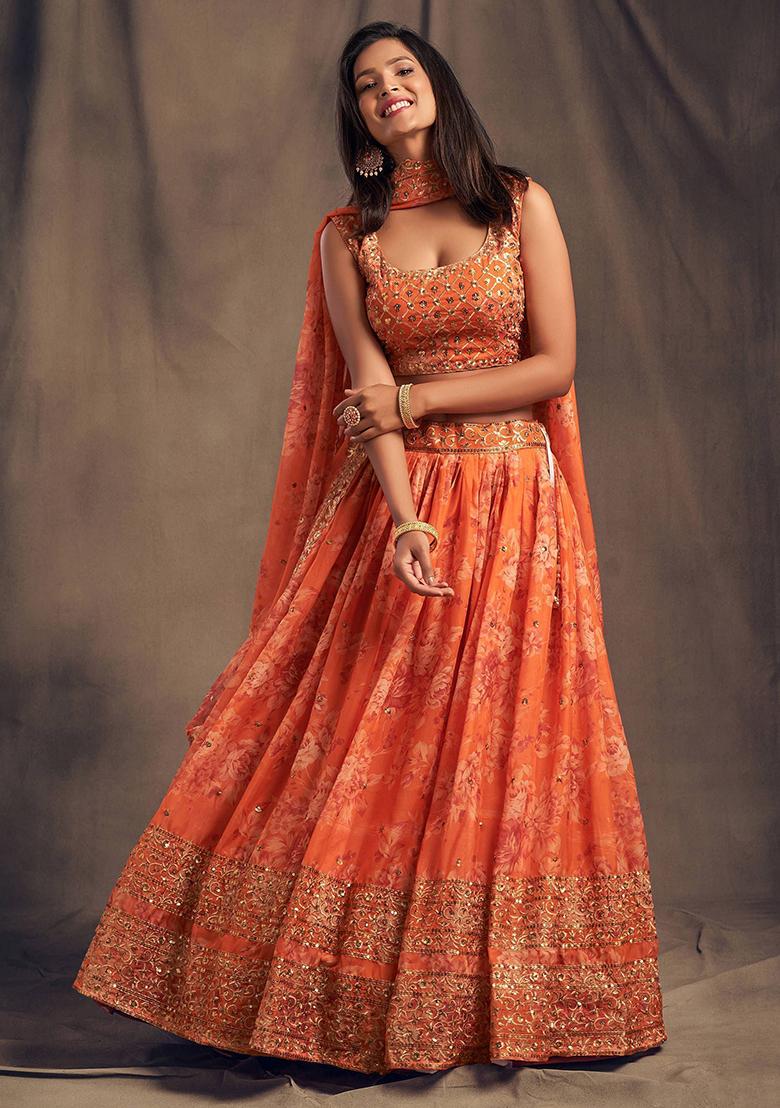 Orange Floral Print Organza Lehenga Set