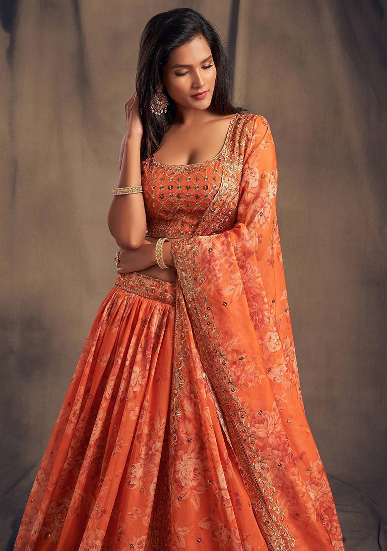 Orange Floral Print Organza Lehenga Set